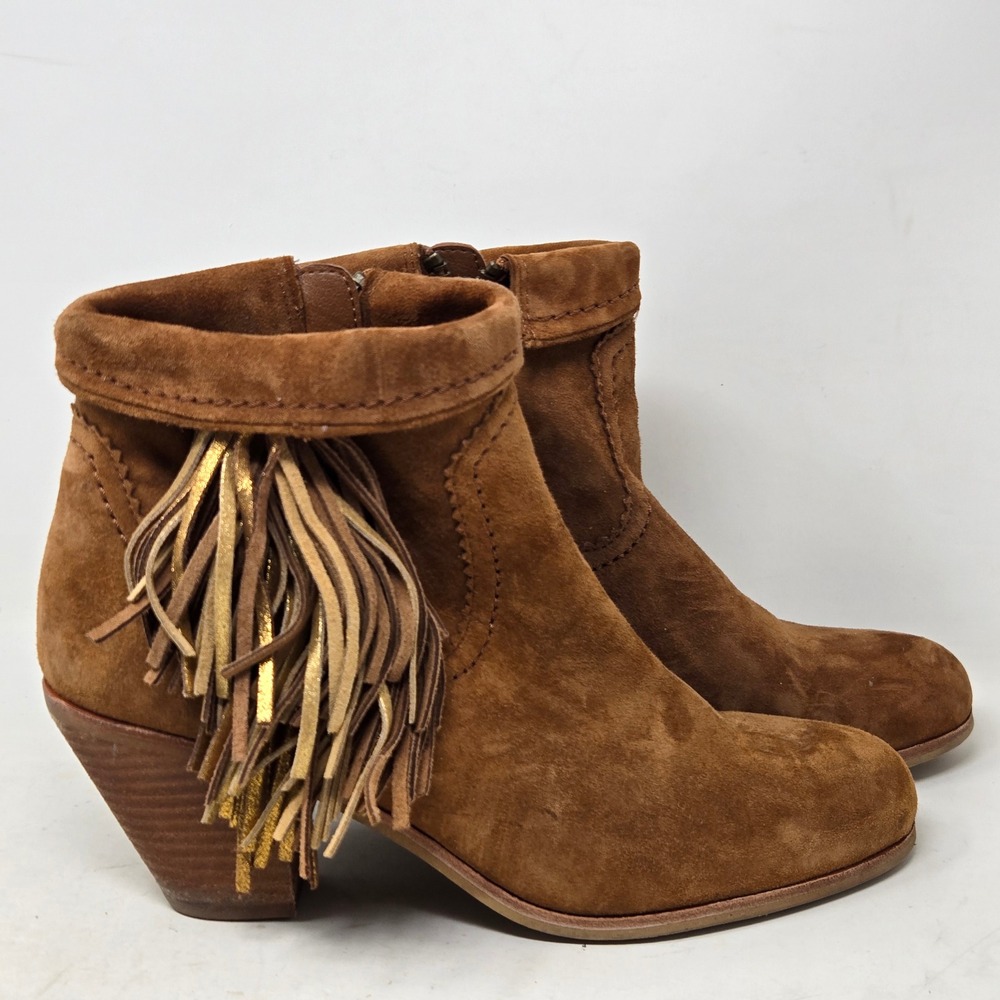 Sam Edelman Louie Cognac Brown Suede Fringe Ankle Boots Gold Metallic Accents 9